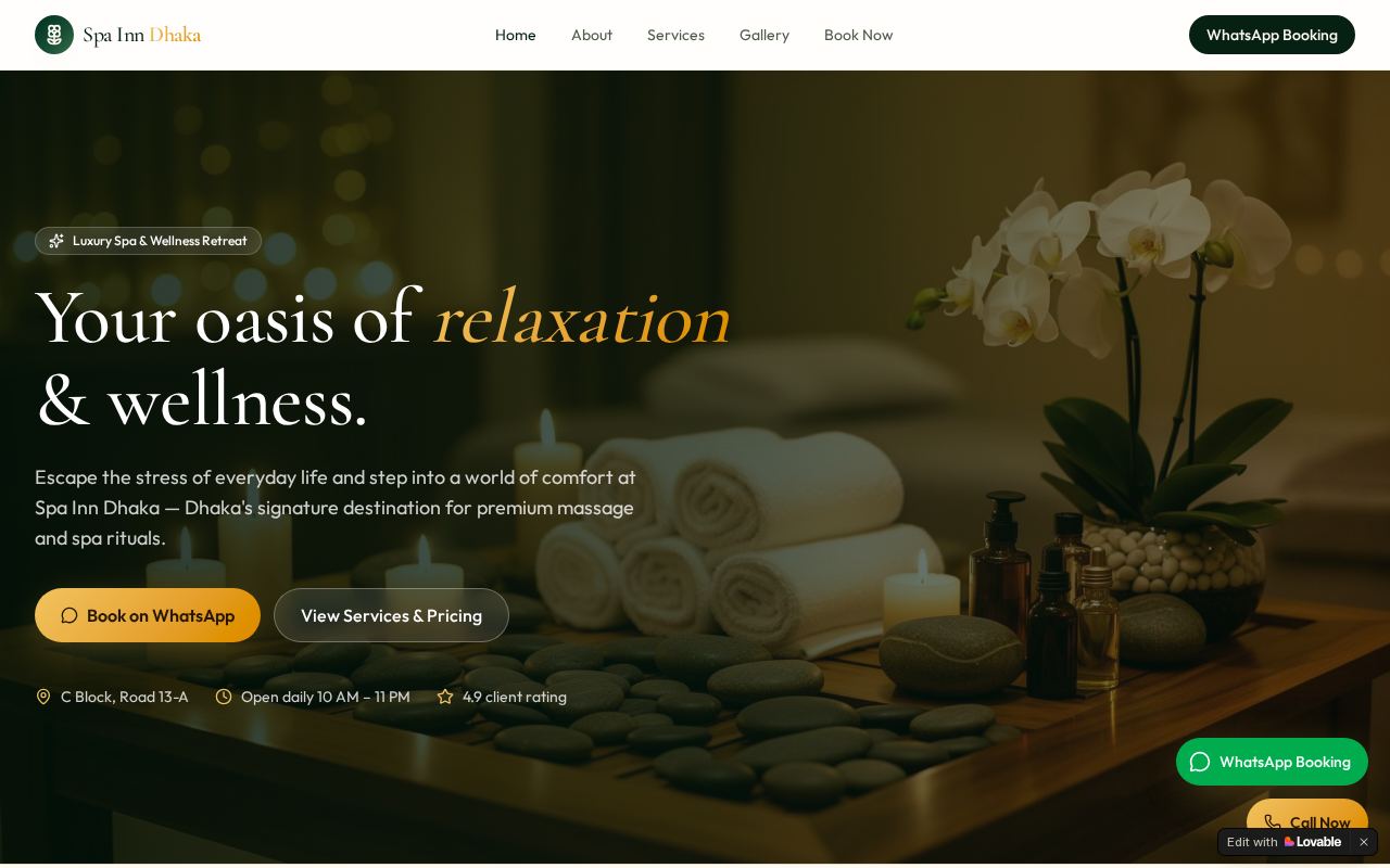 Live screenshot of the Spa Inn Dhaka interface